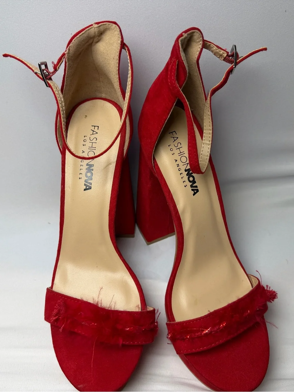 Fashion Nova Red Suede Block Heel Sandals with Ankle Strap and Fringe